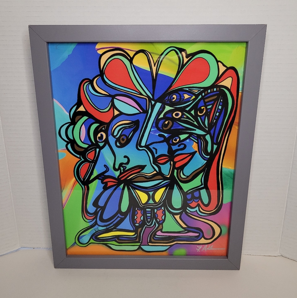 Colorful Vibrant Abstract Art in Gray Frame Signed